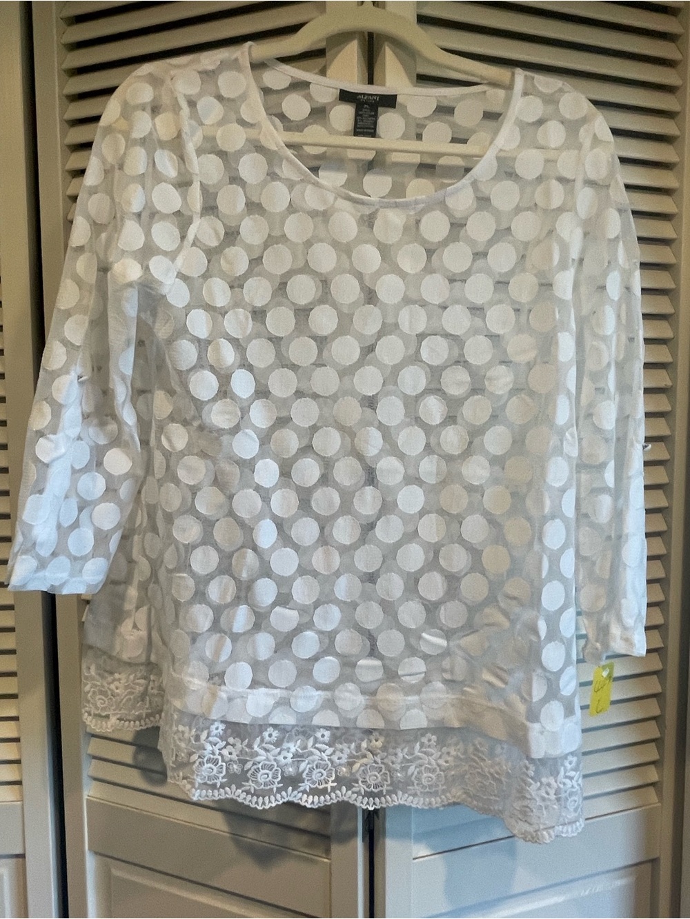 Alfani Petite White Polka Dot Lace Scoop Neck Top - 100% Cotton, roll sleeves